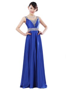 Comfortable Royal Blue Elastic Woven Satin Zipper Dress for Prom Sleeveless Floor Length Beading