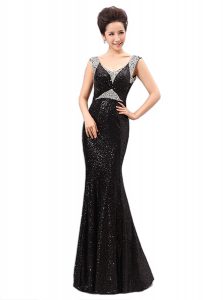 Chic Sequins V-neck Sleeveless Zipper Prom Gown Black Sequined