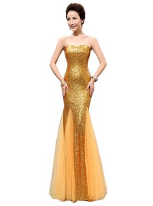 Mermaid Sleeveless Floor Length Sequins Zipper Homecoming Dress with Gold