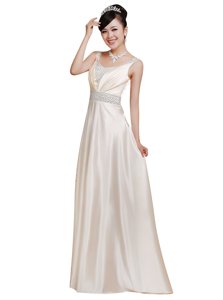 Deluxe White Empire V-neck Sleeveless Elastic Woven Satin Floor Length Zipper Beading Evening Dress