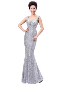 Sleeveless Floor Length Sequins Zipper Prom Dresses with Silver