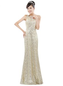 Classical Champagne Zipper One Shoulder Beading and Sequins Prom Evening Gown Sequined Sleeveless