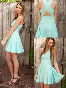 Sleeveless Chiffon Mini Length Criss Cross Prom Dress in Apple Green for with Pleated