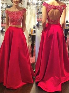 Off the Shoulder Backless With Train Red Homecoming Dress Satin Sweep Train Sleeveless Beading