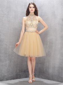 Elegant Champagne A-line Beading Prom Evening Gown Zipper Tulle Sleeveless Knee Length