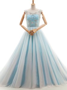 Light Blue A-line Tulle Scoop Sleeveless Beading With Train Lace Up Prom Dress Court Train
