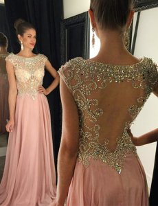 Perfect Pink Bateau Side Zipper Beading Prom Party Dress Brush Train Cap Sleeves