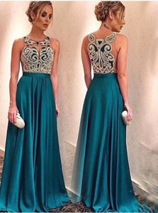 Satin Scoop Sleeveless Zipper Appliques Prom Party Dress in Teal