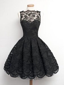Enchanting Sleeveless Lace Knee Length Zipper Prom Dresses in Black for with Appliques