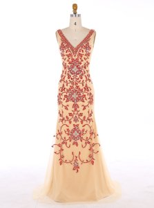 Suitable Champagne Mermaid V-neck Sleeveless Chiffon With Train Sweep Train Zipper Beading and Embroidery Prom Dress