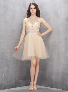Dramatic Champagne A-line Satin High-neck Sleeveless Beading Knee Length Criss Cross Prom Evening Gown