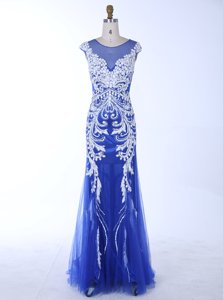 Mermaid Scoop Sleeveless Floor Length Beading and Appliques Backless Prom Gown with Royal Blue