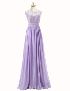 Scoop Lace Evening Dress Lavender Zipper Sleeveless With Train Sweep Train