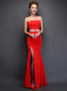 Red Mermaid Satin Strapless Sleeveless Beading Floor Length Lace Up Prom Dresses