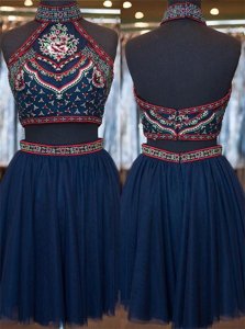 Navy Blue Sleeveless Knee Length Embroidery Zipper Homecoming Dress