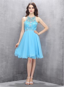High Quality Knee Length Blue Prom Evening Gown Scoop Sleeveless Criss Cross