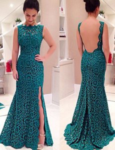 Excellent Mermaid Navy Blue V-neck Neckline Lace Prom Gown Long Sleeves Backless