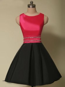 Scoop Sleeveless Satin Mini Length Lace Up Prom Gown in Red And Black for with Beading