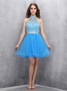 Popular Blue Dress for Prom Prom and For with Beading High-neck Sleeveless Zipper