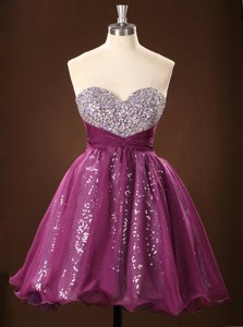 Dramatic Purple Ball Gowns Sweetheart Sleeveless Chiffon Mini Length Zipper Sequins