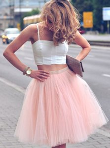 Pink And White Evening Dress For with Ruffles Spaghetti Straps Sleeveless Zipper