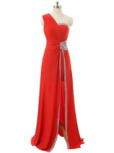 Spectacular One Shoulder Sleeveless Chiffon Floor Length Zipper Evening Dress in Red for with Beading and Ruching