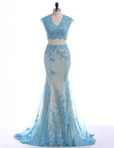 Perfect Mermaid Blue Sleeveless Brush Train Lace With Train Prom Dress