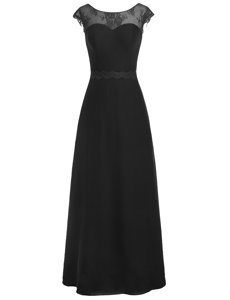 Excellent Scoop Appliques Prom Gown Black Zipper Cap Sleeves Floor Length