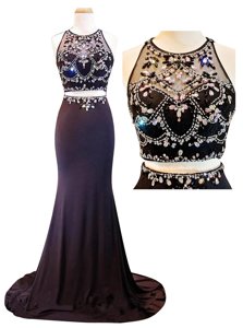 Scoop Sleeveless Prom Dresses With Train Court Train Beading and Appliques Purple Chiffon