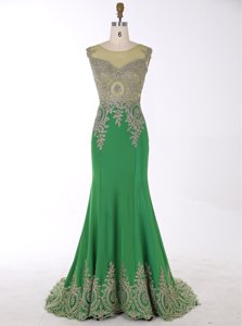 Comfortable Mermaid Scoop Sleeveless Beading and Appliques Zipper Prom Gown with Green Brush Train