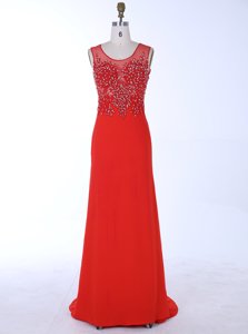 Eye-catching Mermaid Scoop Red Sleeveless With Train Beading and Appliques Zipper Homecoming Dress
