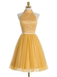 Delicate Gold Prom Party Dress Prom and For with Beading High-neck Sleeveless Zipper