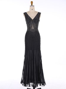 Mermaid V-neck Sleeveless Prom Gown Floor Length Sequins Black Chiffon