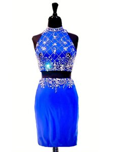 Royal Blue Elastic Woven Satin Zipper High-neck Sleeveless Mini Length Prom Evening Gown Beading