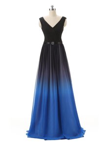 Exquisite Blue And Black Sleeveless Belt Floor Length Prom Party Dress