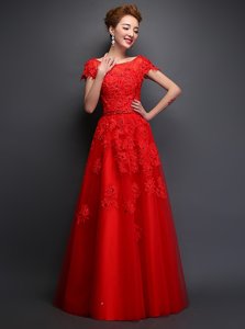 Elegant Red A-line Tulle Scoop Cap Sleeves Beading and Appliques Floor Length Lace Up Prom Evening Gown