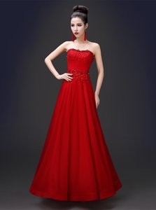 Fashion Sleeveless Floor Length Beading and Appliques Lace Up Prom Party Dress with Red