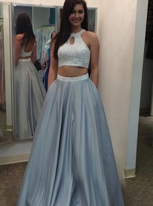Fashionable Halter Top Beading Prom Gown Silver Backless Sleeveless Floor Length