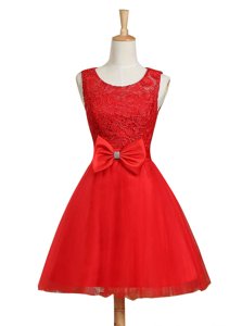 New Style Scoop Sleeveless Tulle Mini Length Lace Up Prom Evening Gown in Red for with Lace and Bowknot