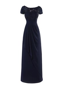 Classical Navy Blue A-line Scoop Short Sleeves Chiffon Floor Length Zipper Lace and Ruching Prom Dress
