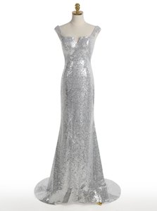 Edgy Mermaid Square Sequins Evening Dress Silver Zipper Sleeveless With Train Sweep Train