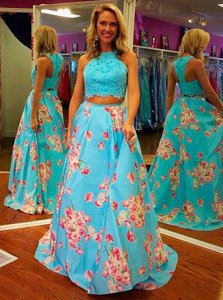 Stunning Halter Top Sleeveless Dress for Prom Floor Length Beading and Appliques and Pattern Blue Satin