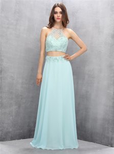 Fashion A-line Evening Dress Light Blue Halter Top Chiffon Sleeveless Floor Length Zipper