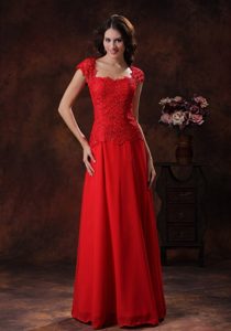 Cap Sleeves Red Square Empire Prom Dress With Lace and Chiffon