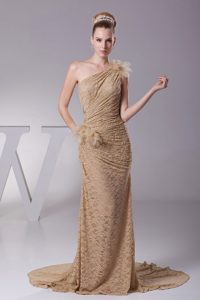 One Shoulder Hand Flowers Lace 2013 Prom Dress with Brush Train