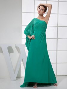 Beading One Shoulder Prom Dress with Brush Train and Long Sleeve