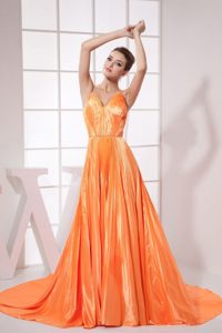 2013 Orange Red Beading Straps Prom Dress with Pleat and Brush Train