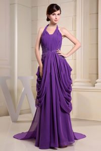 Halter Empire Purple Chiffon Prom Dress with Ruche and Appliques