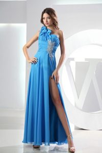 Baby Blue One Shoulder Ankle-length High-slit Beading Prom Dress
