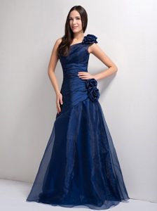 One Shoulder Navy Blue A-line Floor-length Prom Dress with Hand Flowers